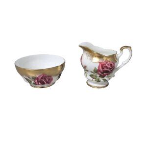 Paragon China Cabbage Rose Gold Trim Cream Jug Pitcher and Sugar Bowl